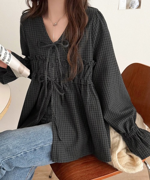 mily bilet(ミウィビレット)の「【mily bilet】甘く揺れて、チェックが映える♪リボン使いキャンディスリーブシャツ(長袖)(シャツ/ブラウス・レディース・ブラック/ベージュ/ブラウン/ネイビー・X-LARGE/LARGE/SMALL/MEDIUM)」の2枚目の写真