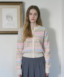 Wool Scheme Jacquard Knit Cardigan (Cream)