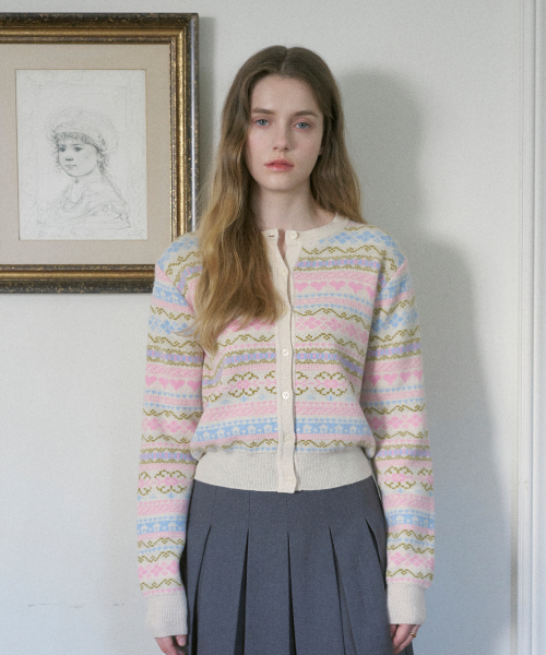 VLETI(ブレッティ)の「Wool Scheme Jacquard Knit Cardigan (Cream)(カーディガン/ボレロ・レディース・オートミール・FREE)」の1枚目の写真