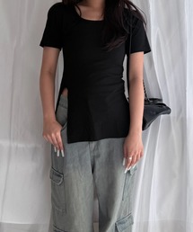 スクエアネック サイドスリット リブ半袖Tシャツ