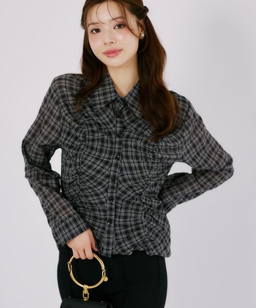 tocco closet(トッコ クローゼット)の「【ZOZO限定】サイドギャザーチェックブラウス(シャツ/ブラウス・レディース・ブラック/ネイビー・M)」の1枚目の写真