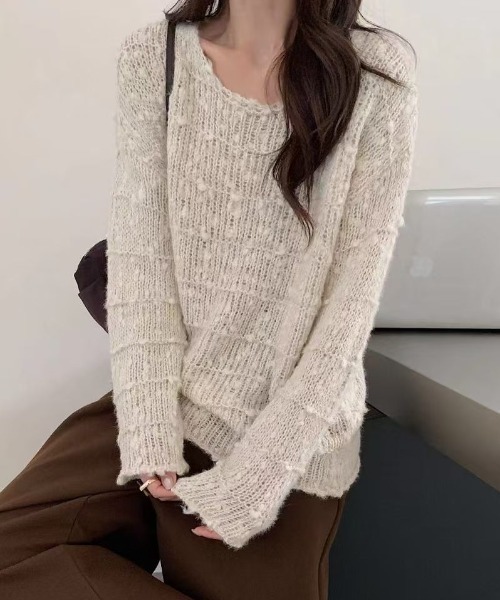 Achic(アシック)の「【秋冬新作】透かし編みミックスヤーンルーズニットプルオーバー(ニット/セーター・レディース・ベージュ/グレー/アイボリー・M)」の4枚目の写真