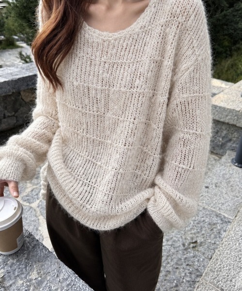 Achic(アシック)の「【秋冬新作】透かし編みミックスヤーンルーズニットプルオーバー(ニット/セーター・レディース・ベージュ/グレー/アイボリー・M)」の14枚目の写真