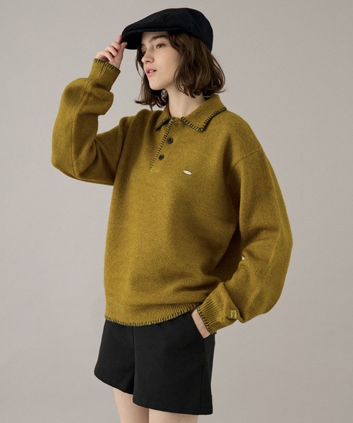 ONCILY(オンシェリー)の「BLANKET STITCH COLLAR KNIT POLO / ブランケットステッチカラーニットポロ(ニット/セーター・メンズ・ブラウン/ベージュ/マスタード/チャコールグレー/ネイビー・LARGE/MEDIUM/SMALL)」の5枚目の写真