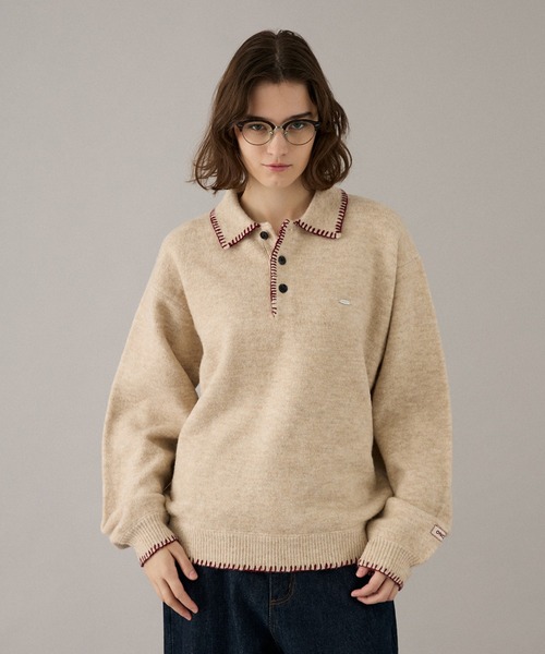ONCILY(オンシェリー)の「BLANKET STITCH COLLAR KNIT POLO / ブランケットステッチカラーニットポロ(ニット/セーター・メンズ・ブラウン/ベージュ/マスタード/チャコールグレー/ネイビー・LARGE/MEDIUM/SMALL)」の6枚目の写真