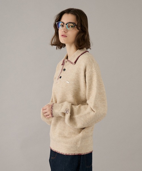 ONCILY(オンシェリー)の「BLANKET STITCH COLLAR KNIT POLO / ブランケットステッチカラーニットポロ(ニット/セーター・メンズ・ブラウン/ベージュ/マスタード/チャコールグレー/ネイビー・LARGE/MEDIUM/SMALL)」の7枚目の写真
