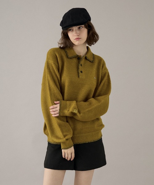 ONCILY(オンシェリー)の「BLANKET STITCH COLLAR KNIT POLO / ブランケットステッチカラーニットポロ(ニット/セーター・メンズ・ブラウン/ベージュ/マスタード/チャコールグレー/ネイビー・LARGE/MEDIUM/SMALL)」の12枚目の写真