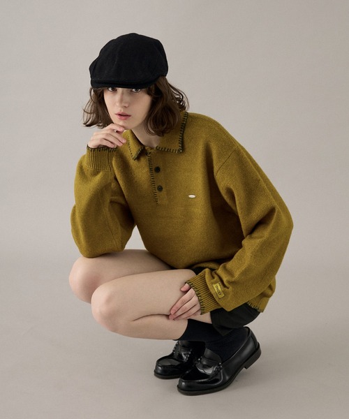 ONCILY(オンシェリー)の「BLANKET STITCH COLLAR KNIT POLO / ブランケットステッチカラーニットポロ(ニット/セーター・メンズ・ブラウン/ベージュ/マスタード/チャコールグレー/ネイビー・LARGE/MEDIUM/SMALL)」の22枚目の写真
