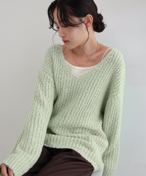 andme(アンドミー)の「深Vネック長袖ニットトップス(ニット/セーター・レディース・オフホワイト/グレー/ミント・M)」の18枚目の写真
