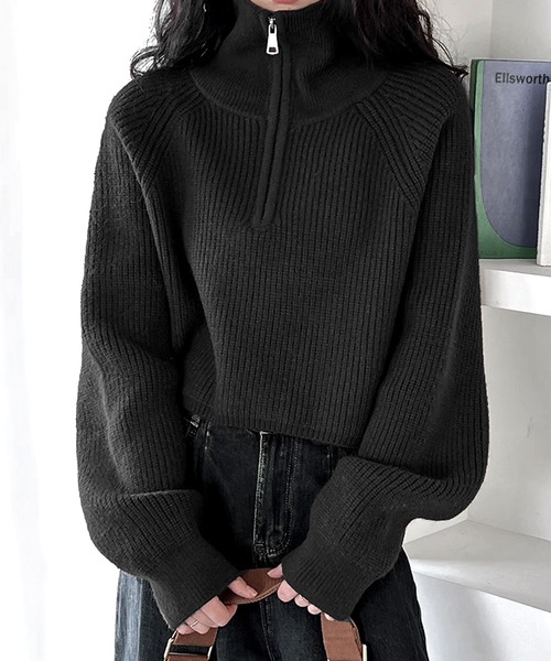 JOHNNY WOLF（ジョニーウルフ）の「SOPHIE ルーズハイネック クロップド ハーフジップ ニット プルオーバー（ニット/セーター・レディース・グレー/ベージュ/ブラウン/ホワイト/ブラック・FREE）」の3枚目の写真