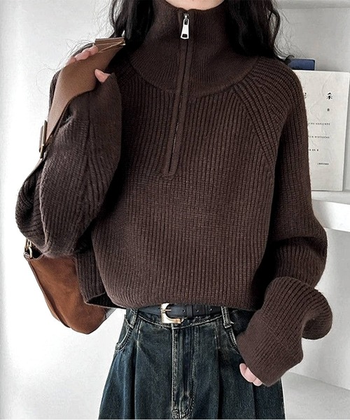 JOHNNY WOLF（ジョニーウルフ）の「SOPHIE ルーズハイネック クロップド ハーフジップ ニット プルオーバー（ニット/セーター・レディース・グレー/ベージュ/ブラウン/ホワイト/ブラック・FREE）」の13枚目の写真