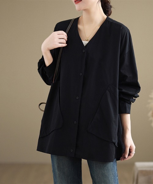ReRe(リリ)の「Vネックフロントポケット2WAY長袖シャツブラウス(シャツ/ブラウス・レディース・ダークブラウン/ブラック・FREE)」の10枚目の写真