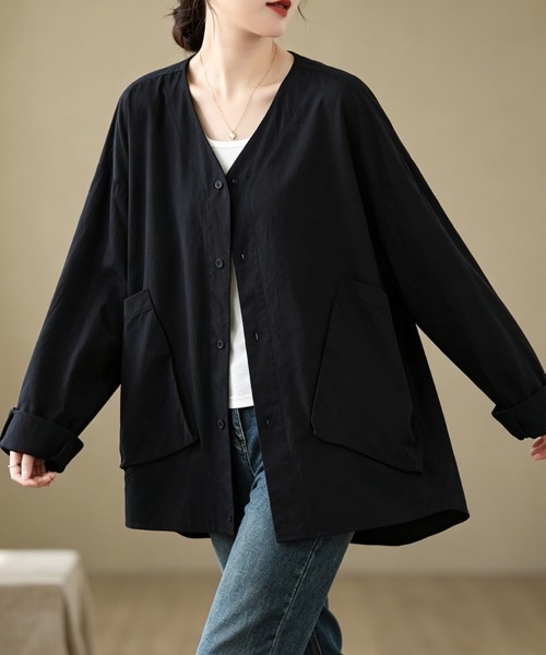 ReRe(リリ)の「Vネックフロントポケット2WAY長袖シャツブラウス(シャツ/ブラウス・レディース・ダークブラウン/ブラック・FREE)」の12枚目の写真