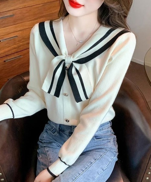 Flugge（フラッジー）の「スカーフデザインニットカーディガン（カーディガン/ボレロ・レディース・ホワイト/ブラック/レッド・FREE）」の7枚目の写真