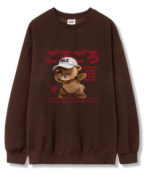 TI.GLAKE(ティーグレイク)の「スマイルキャップベア オーバーサイズ 裏毛 スウェット Tシャツ 6カラー(スウェット・レディース・ブラック/ネイビー/ブラウン/グレー/クリーム/チャコール・LARGE/X-LARGE/XX-LARGE)」の4枚目の写真