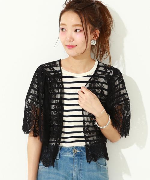 Another Edition（アナザーエディション）の「レースショートカーディガン/AEMFC LACE ショート HAORI（カーディガン/ボレロ・レディース・ブラック/オフホワイト・FREE）」の2枚目の写真