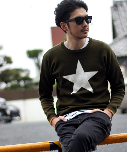 MIND BLOW（マインドブロウ）の「＜STAR柄＞リブニット（ニット/セーター・メンズ・ブラック/カーキ/杢グレー/ホワイト・L/M）」の4枚目の写真