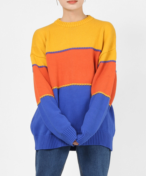 DING（ディング）の「DING/配色セーター（ニット/セーター・レディース・パープル/イエロー・FREE）」の2枚目の写真