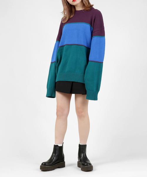 DING（ディング）の「DING/配色セーター（ニット/セーター・レディース・パープル/イエロー・FREE）」の7枚目の写真