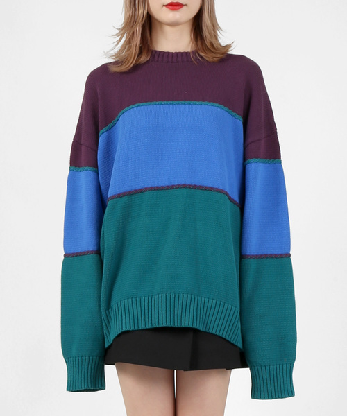 DING（ディング）の「DING/配色セーター（ニット/セーター・レディース・パープル/イエロー・FREE）」の6枚目の写真