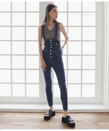 フロントボタンデニムスキニーサロペット