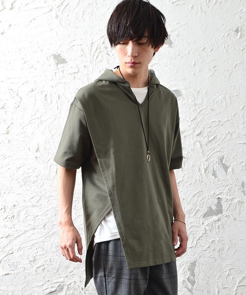 MinoriTY(マイノリティ)の「メンズ半袖インレイ裏毛アシンメトリーTeeパーカー(Tシャツ/カットソー・メンズ・ブラック/オフホワイト/カーキ/モカ・M/L)」の4枚目の写真