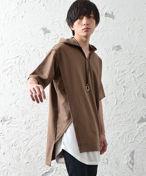 MinoriTY(マイノリティ)の「メンズ半袖インレイ裏毛アシンメトリーTeeパーカー(Tシャツ/カットソー・メンズ・ブラック/オフホワイト/カーキ/モカ・M/L)」の3枚目の写真