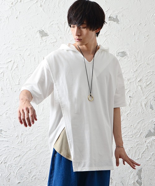 MinoriTY(マイノリティ)の「メンズ半袖インレイ裏毛アシンメトリーTeeパーカー(Tシャツ/カットソー・メンズ・ブラック/オフホワイト/カーキ/モカ・M/L)」の19枚目の写真