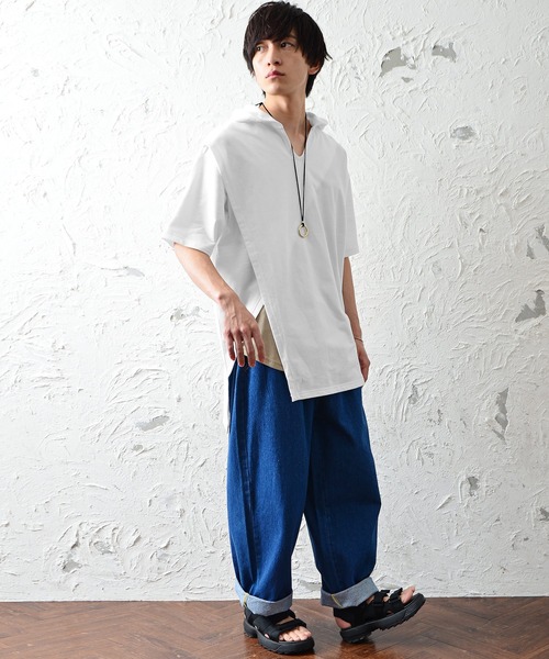 MinoriTY(マイノリティ)の「メンズ半袖インレイ裏毛アシンメトリーTeeパーカー(Tシャツ/カットソー・メンズ・ブラック/オフホワイト/カーキ/モカ・M/L)」の20枚目の写真