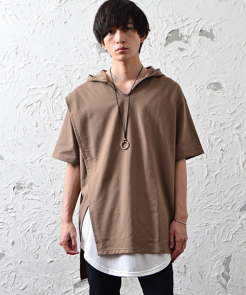 MinoriTY(マイノリティ)の「メンズ半袖インレイ裏毛アシンメトリーTeeパーカー(Tシャツ/カットソー・メンズ・ブラック/オフホワイト/カーキ/モカ・M/L)」の6枚目の写真