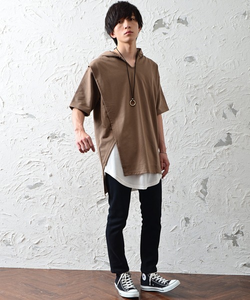 MinoriTY(マイノリティ)の「メンズ半袖インレイ裏毛アシンメトリーTeeパーカー(Tシャツ/カットソー・メンズ・ブラック/オフホワイト/カーキ/モカ・M/L)」の7枚目の写真