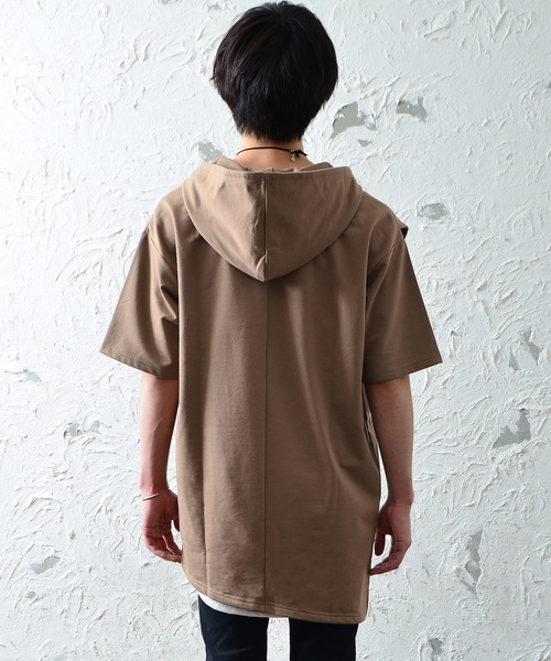 MinoriTY(マイノリティ)の「メンズ半袖インレイ裏毛アシンメトリーTeeパーカー(Tシャツ/カットソー・メンズ・ブラック/オフホワイト/カーキ/モカ・M/L)」の9枚目の写真