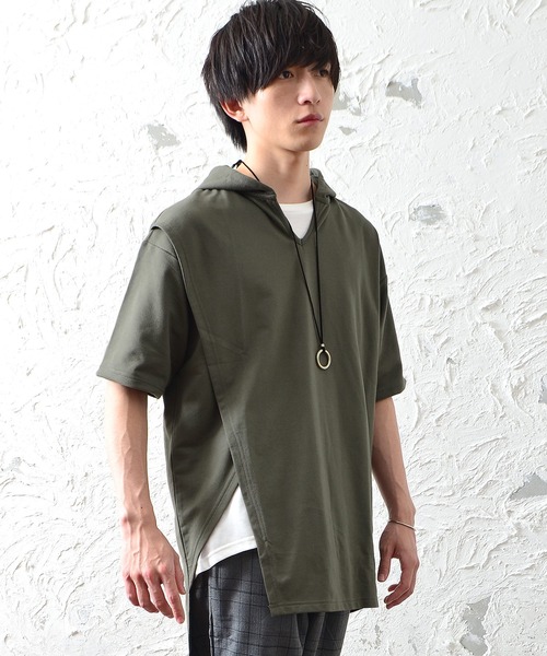 MinoriTY(マイノリティ)の「メンズ半袖インレイ裏毛アシンメトリーTeeパーカー(Tシャツ/カットソー・メンズ・ブラック/オフホワイト/カーキ/モカ・M/L)」の10枚目の写真