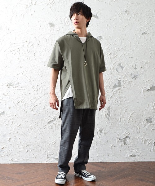 MinoriTY(マイノリティ)の「メンズ半袖インレイ裏毛アシンメトリーTeeパーカー(Tシャツ/カットソー・メンズ・ブラック/オフホワイト/カーキ/モカ・M/L)」の11枚目の写真