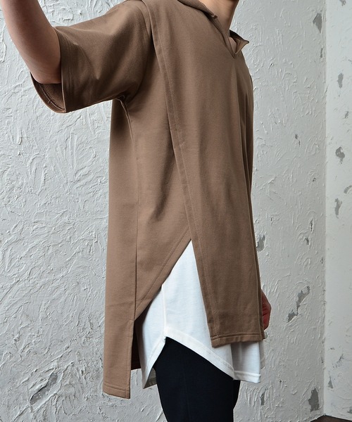 MinoriTY(マイノリティ)の「メンズ半袖インレイ裏毛アシンメトリーTeeパーカー(Tシャツ/カットソー・メンズ・ブラック/オフホワイト/カーキ/モカ・M/L)」の14枚目の写真