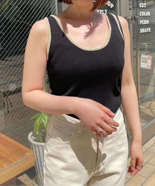 StyleSea(スタイルシー)の「リネンライクバックオープン配色ニットタンクップ(タンクトップ・レディース・ブラック/ベージュ/オレンジ/アイボリー・FREE)」の3枚目の写真