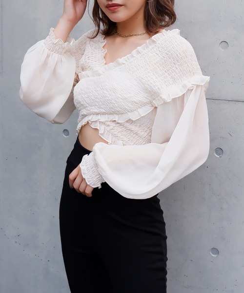 SPIRALGIRL（スパイラルガール）の「ギャザーカシュクールブラウス（シャツ/ブラウス・レディース・ブラック/オフホワイト/グリーン・FREE）」の8枚目の写真