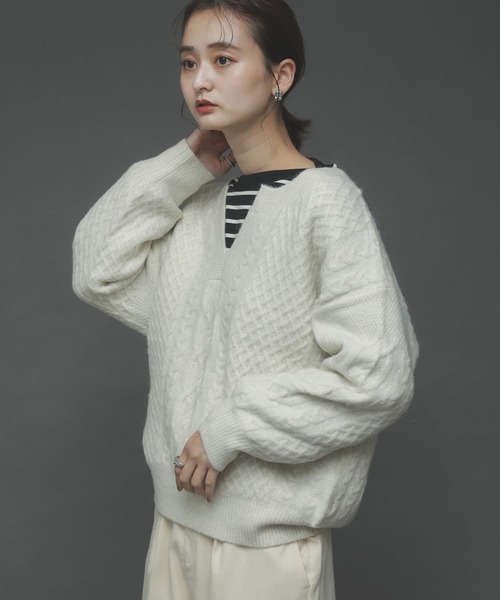 SENSE OF PLACE by URBAN RESEARCH（センスオブプレイスバイアーバンリサーチ）の「ストレッチアルパカキーネックケーブルセーター（ニット/セーター・レディース・ブラウン/ピンクベージュ/アイボリー・ONE）」の20枚目の写真