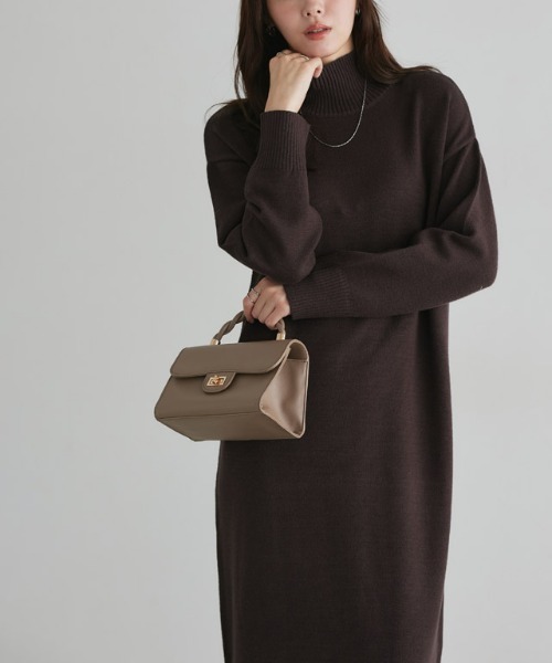 もっちりカシミヤタッチハイネックロングニットワンピース（ワンピース