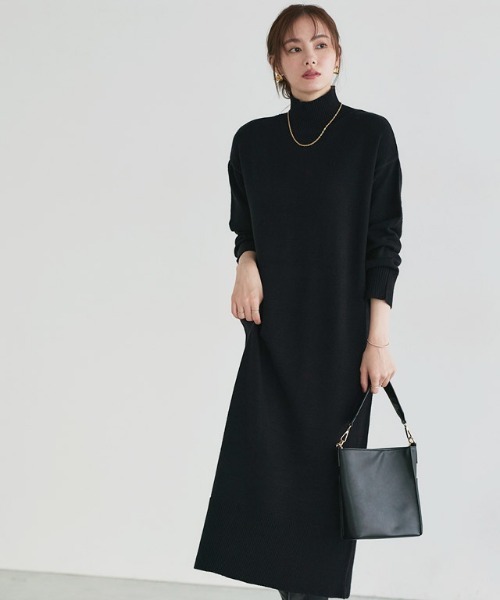もっちりカシミヤタッチハイネックロングニットワンピース（ワンピース