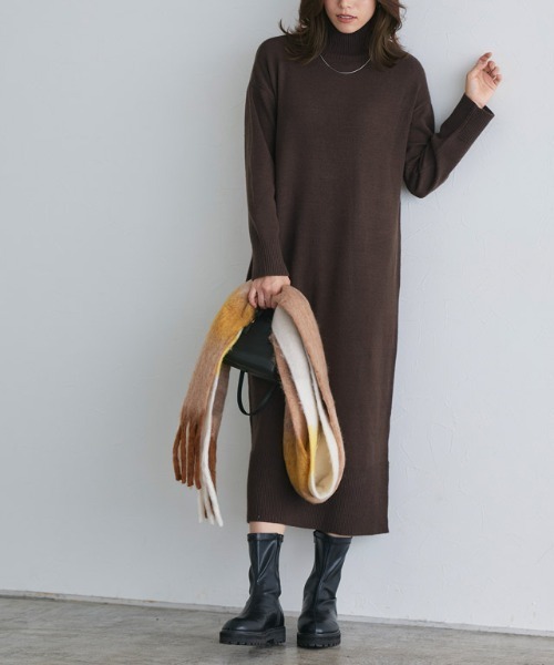もっちりカシミヤタッチハイネックロングニットワンピース（ワンピース