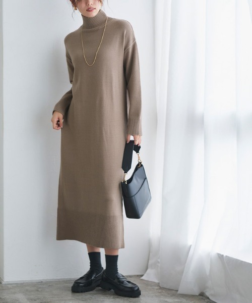 もっちりカシミヤタッチハイネックロングニットワンピース（ワンピース