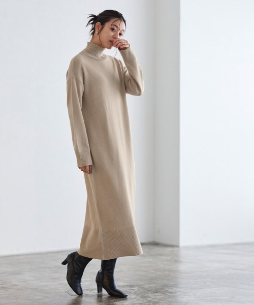 美品✨カオス ロングニットワンピース カシミヤ ウール バックスリット Pierrot（ピエロ）の「もっちりカシミヤタッチハイネックロング