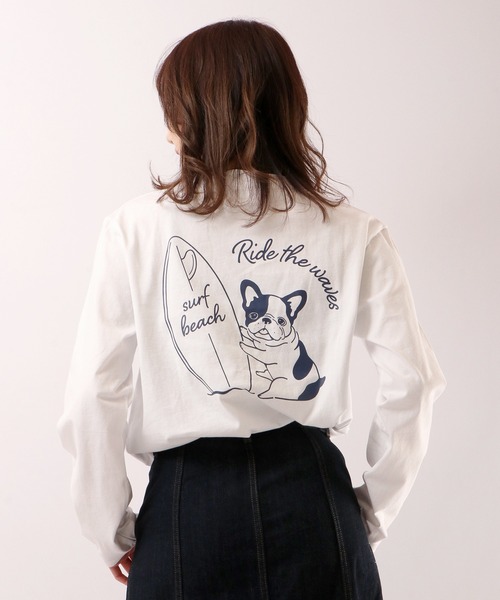 FUNALIVE(ファンアライブ)の「ブルドッグイラスト長袖Tシャツ(Tシャツ/カットソー・メンズ・ホワイト/ブルーグリーン・S/L/M)」の1枚目の写真