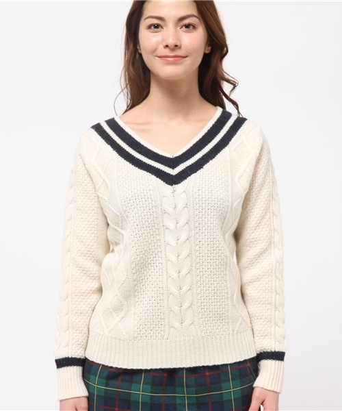 CIAOPANIC（チャオパニック）の「【Ciaopanic】Vネックチルデン（ニット/セーター・レディース・ネイビー/オフホワイト・FREE）」の3枚目の写真
