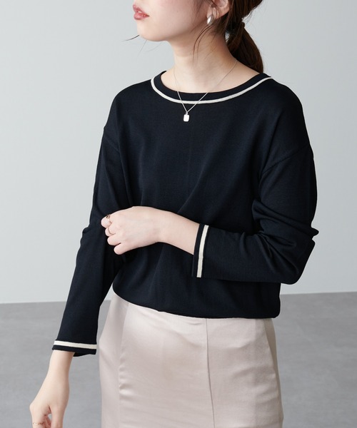 natural couture（ナチュラルクチュール）の「ちょっとモードな配色ラインニット（ニット/セーター・レディース・ブラック/ベージュ/グリーン・FREE）」の2枚目の写真