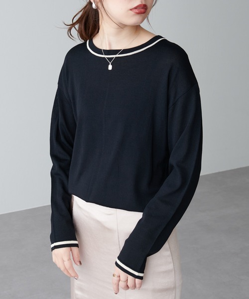 natural couture（ナチュラルクチュール）の「ちょっとモードな配色ラインニット（ニット/セーター・レディース・ブラック/ベージュ/グリーン・FREE）」の15枚目の写真