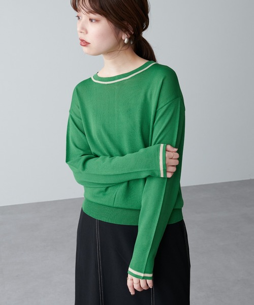 natural couture（ナチュラルクチュール）の「ちょっとモードな配色ラインニット（ニット/セーター・レディース・ブラック/ベージュ/グリーン・FREE）」の4枚目の写真