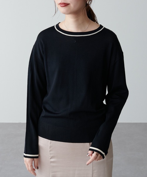 natural couture（ナチュラルクチュール）の「ちょっとモードな配色ラインニット（ニット/セーター・レディース・ブラック/ベージュ/グリーン・FREE）」の5枚目の写真