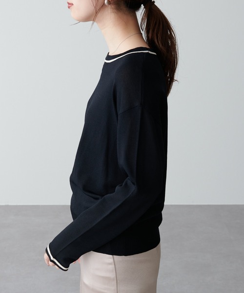 natural couture（ナチュラルクチュール）の「ちょっとモードな配色ラインニット（ニット/セーター・レディース・ブラック/ベージュ/グリーン・FREE）」の7枚目の写真